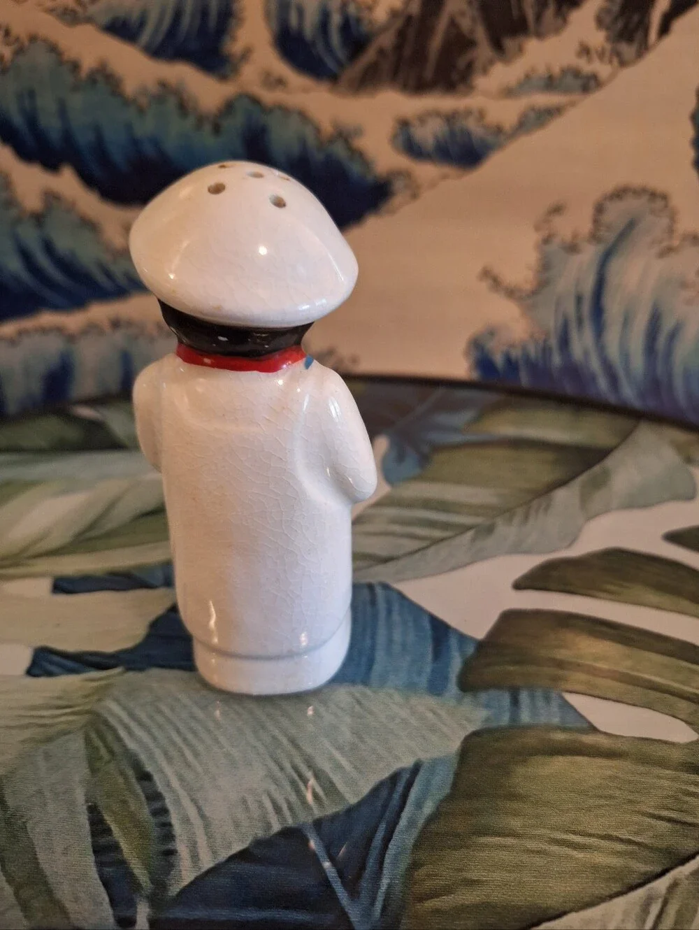 Vintage Single Shaker Ceramic Chef in White Coat with Red Accent